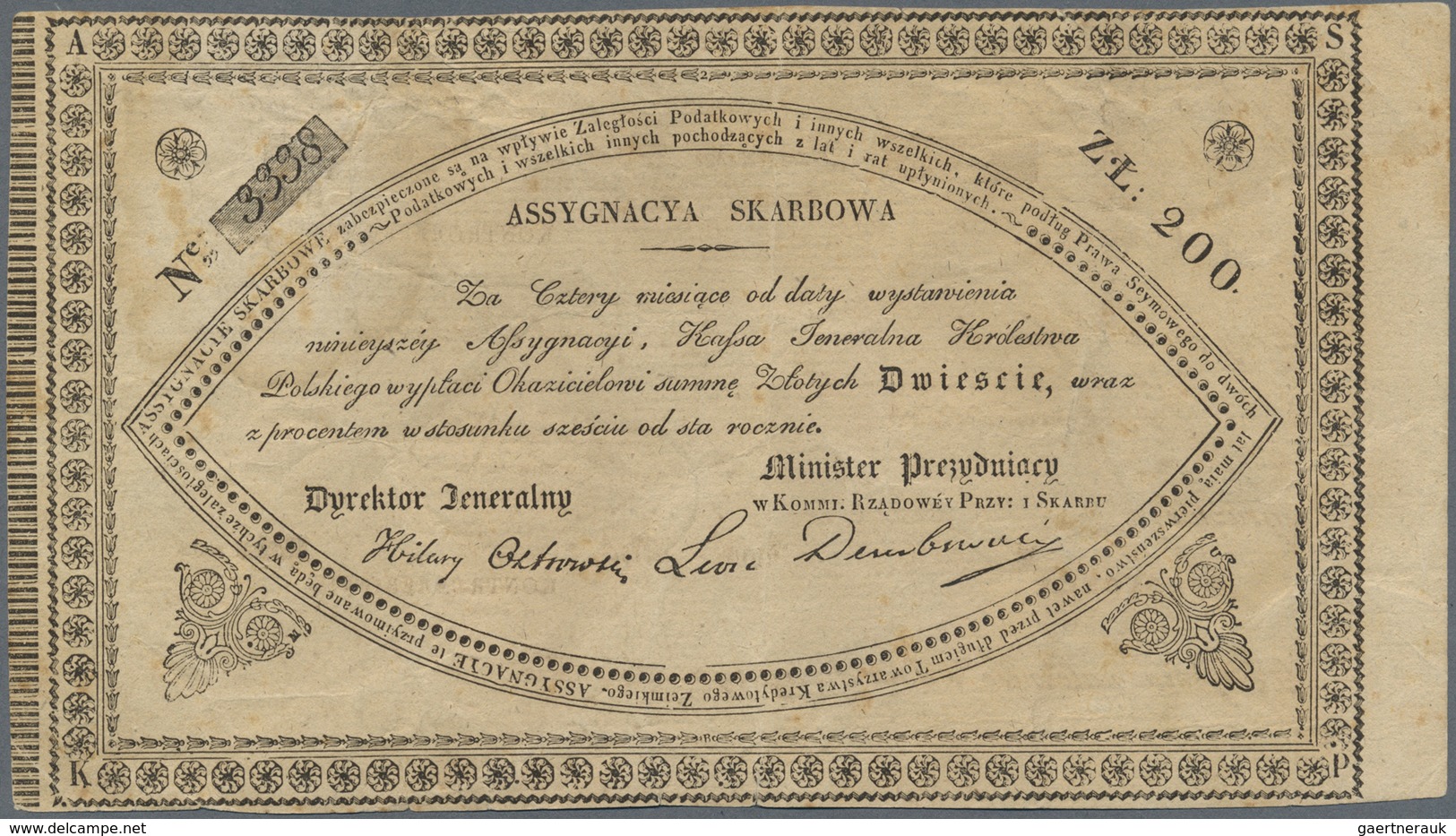 Poland / Polen: 200 Zlotych 1831 Assignat, P.A18A, Rare Note With Still Crisp Paper, Lightly Yellowe - Poland