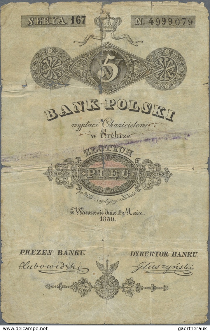 Poland / Polen: 5 Zlotych 1830, P.A19, Highly Rare Note In Well Worn Condition With Several Small Te - Poland