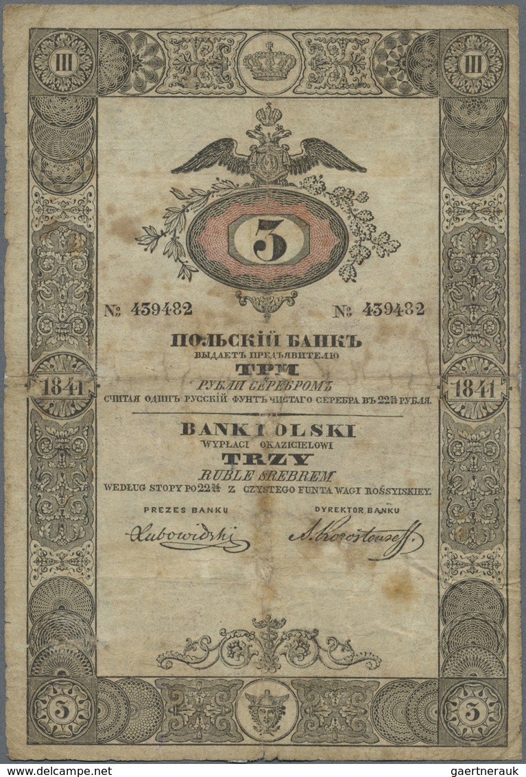 Poland / Polen: 3 Rubles Srebrem 1841, P.A23, Highly Rare Note In Well Worn Condition With Repaired - Poland