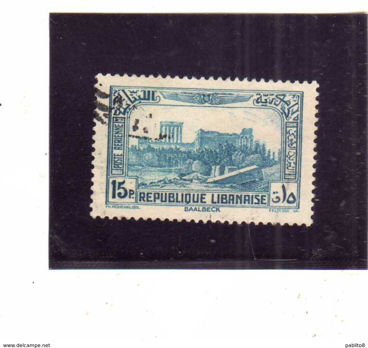 LIBANO LEBANON LIBAN 1937 1940 AIR MAIL POSTA AEREA AERIENNE RUINS OF BAALBECK ROVINE 15p USATO USED OBLITERE' - Libano