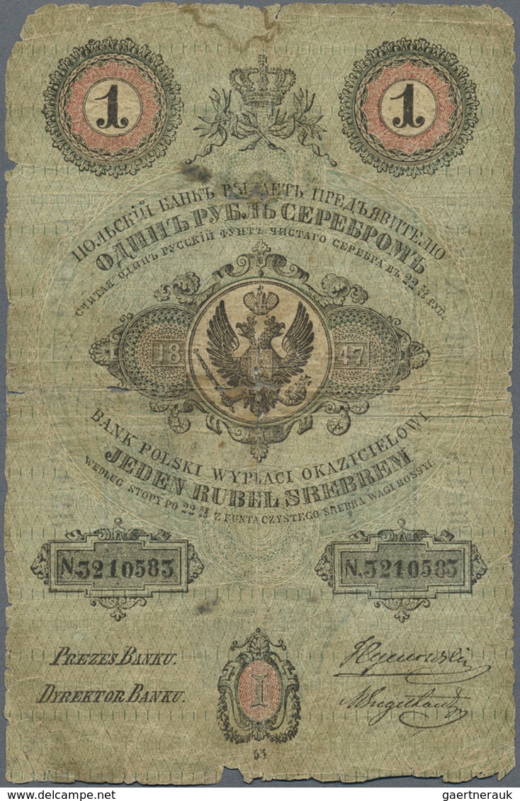 Poland / Polen: 1 Ruble Srebrem 1847, P.A29, Rare Note In Well Worn Condition, Small Taped Tears And - Poland