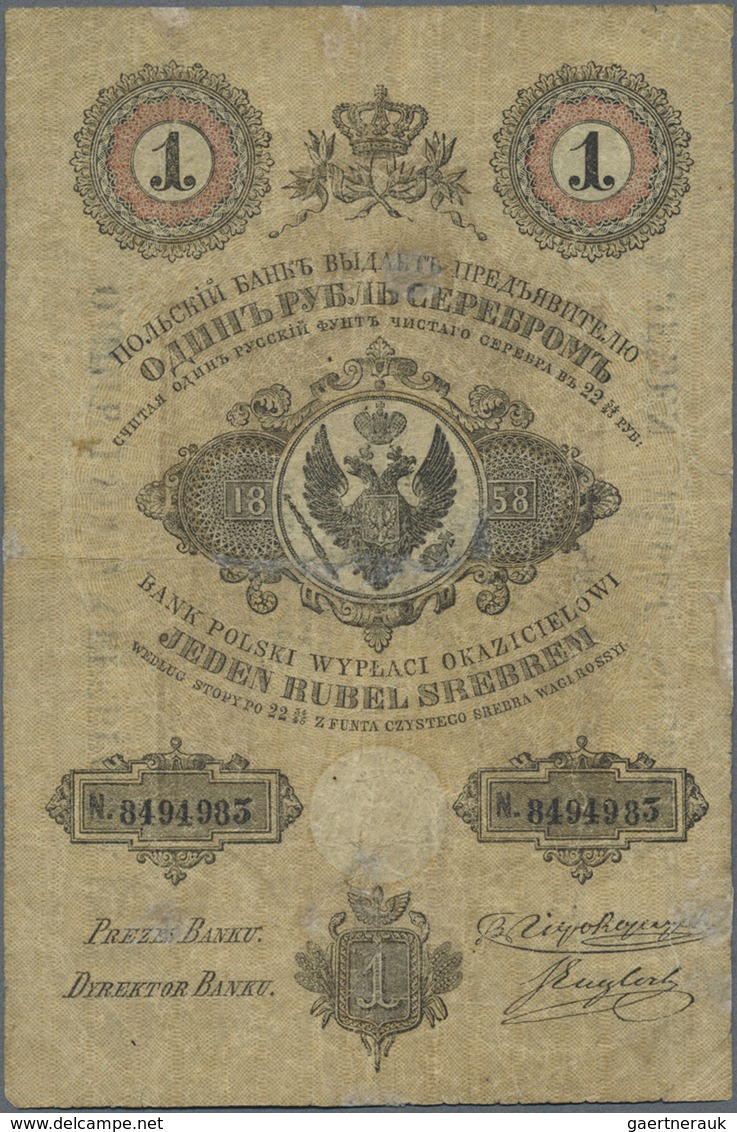 Poland / Polen: 1 Ruble Srebrem 1858, P.A45, Rare Note In Still Nice Condition With Small Repaired P - Poland