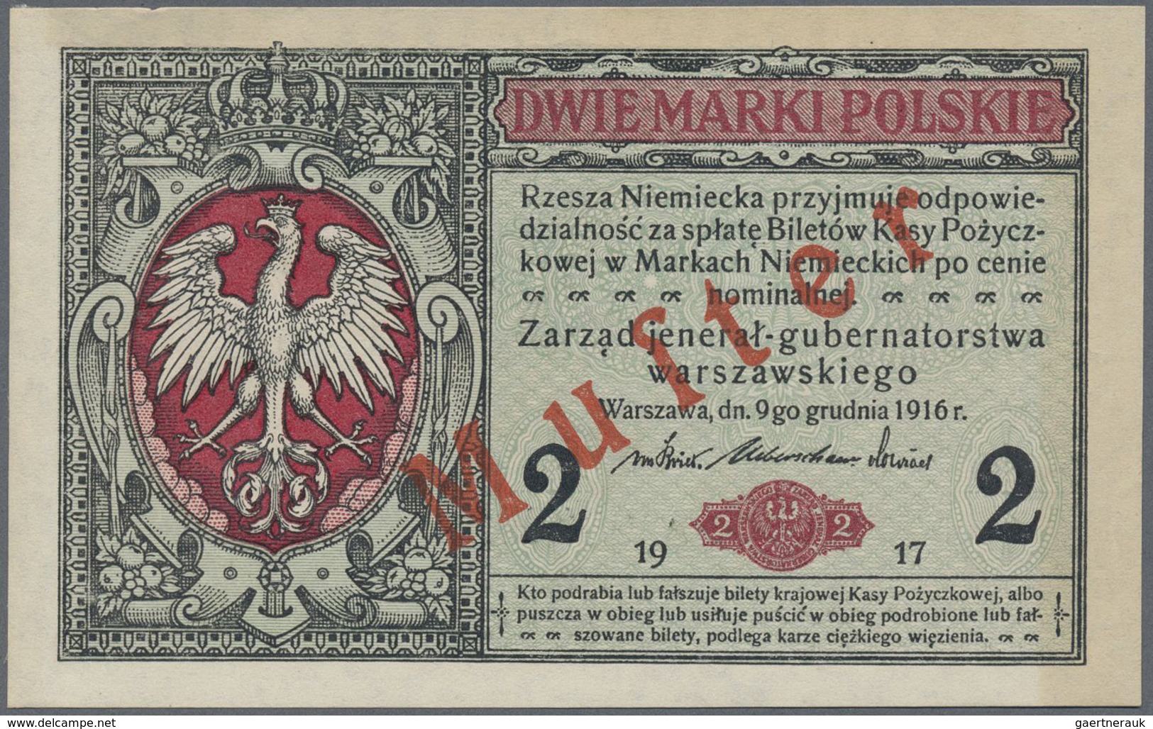 Poland / Polen: 2 Marki Polskie 1917 SPECIMEN, P.3s, Previously Mounted, Otherwise Perfect. Conditio - Poland