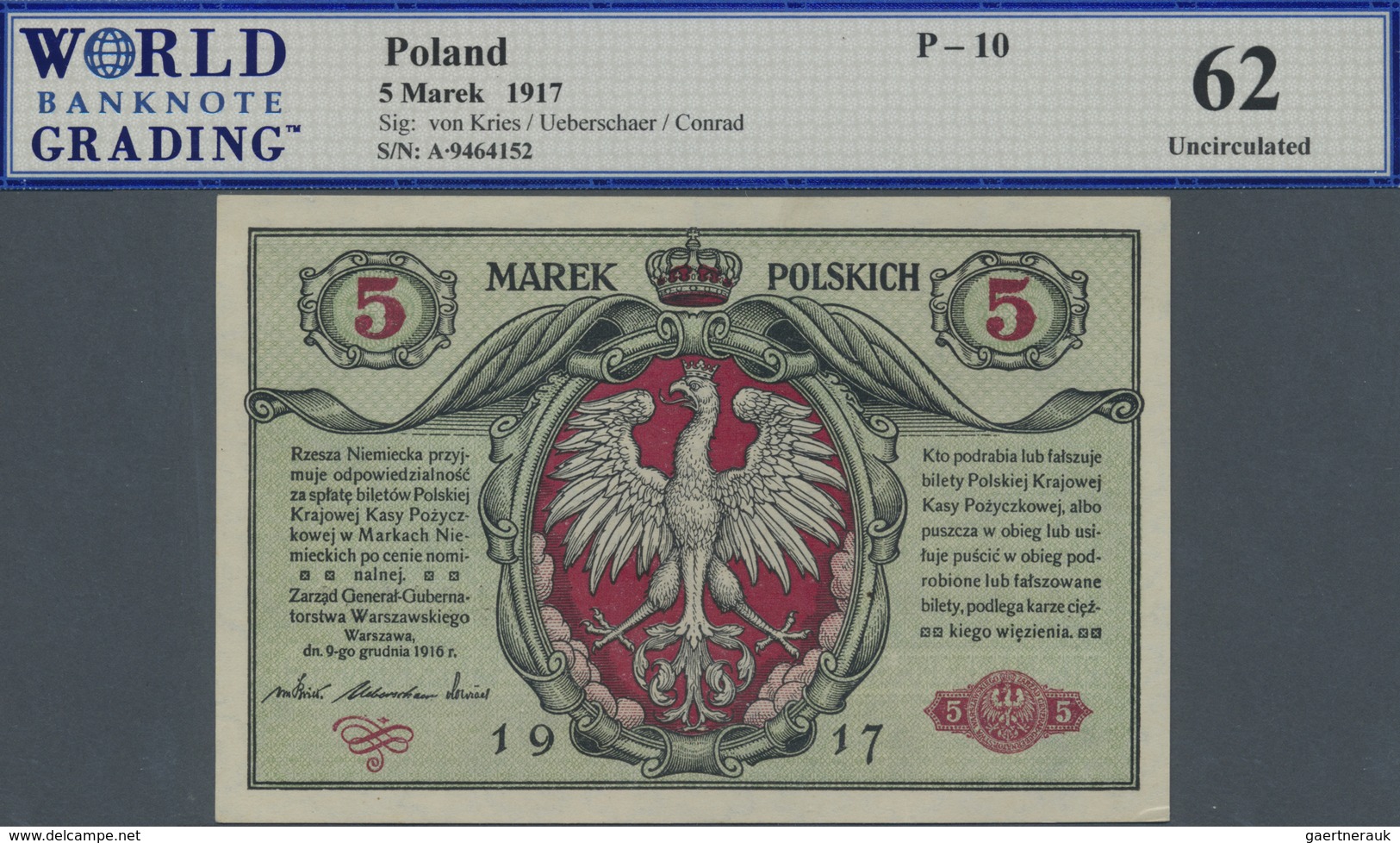 Poland / Polen: 5 Marek 1917, P.10 In Almost Perfect Condition With A Tiny Dint At Lower Right, WBG - Poland