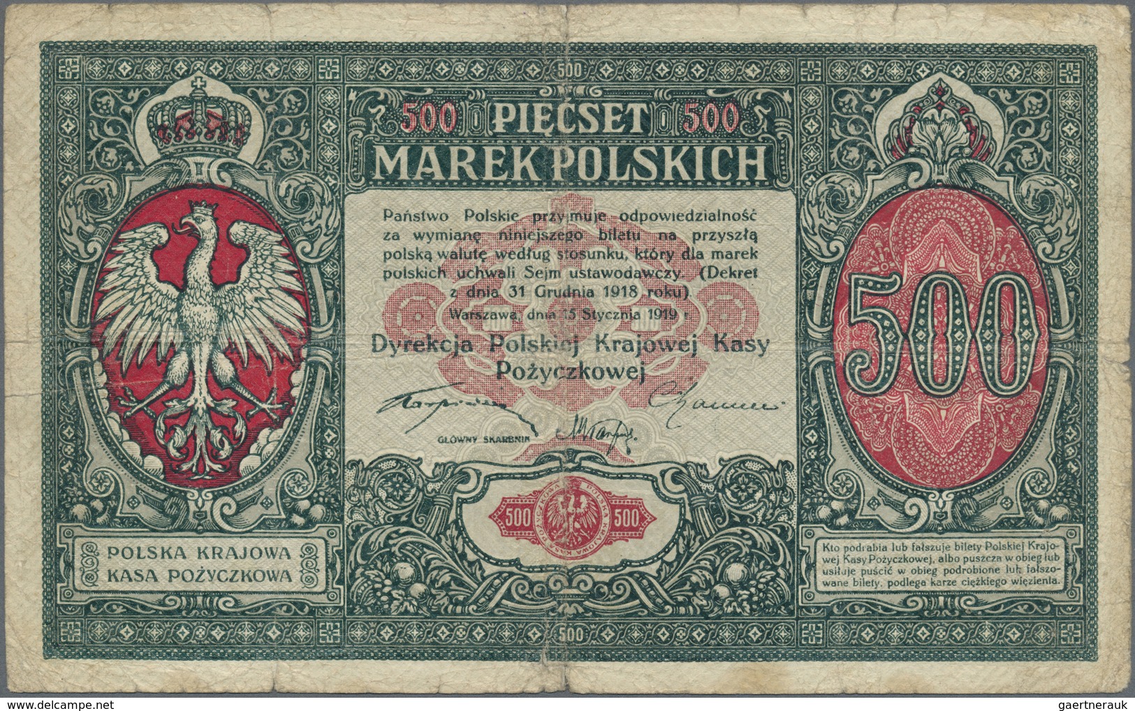 Poland / Polen: 500 Marek Polskich 1919, P.18, Almost Well Worn Condition With Several Border Tears, - Poland