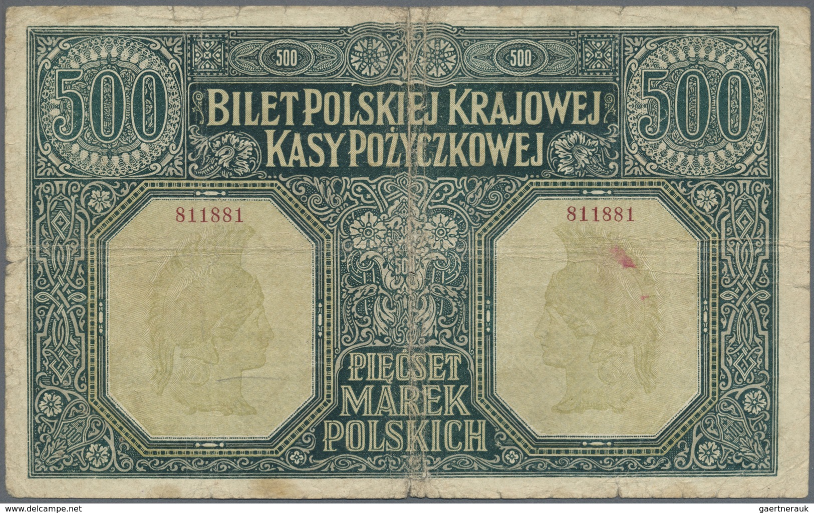 Poland / Polen: 500 Marek Polskich 1919, P.18, Almost Well Worn Condition With Several Border Tears, - Poland