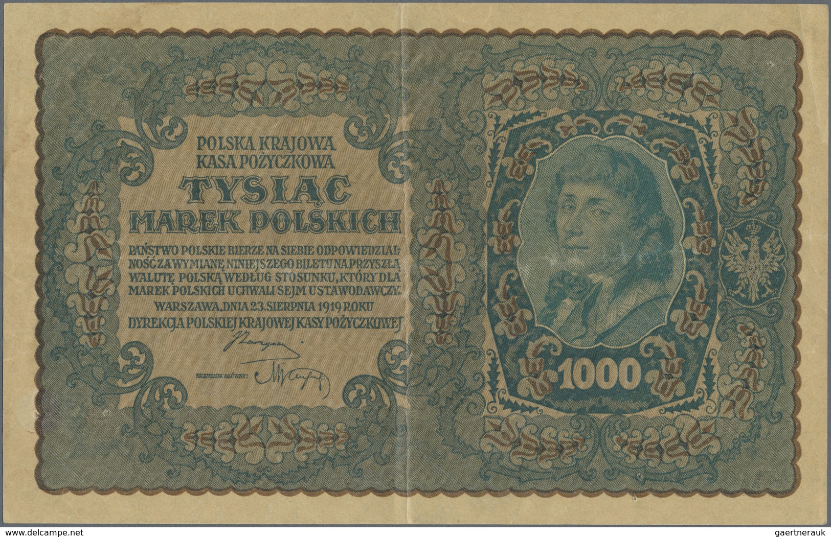 Poland / Polen: 1000 Marek Polskich 1919, P.29 Erroneously Printed In Green Color On Front Like The - Poland