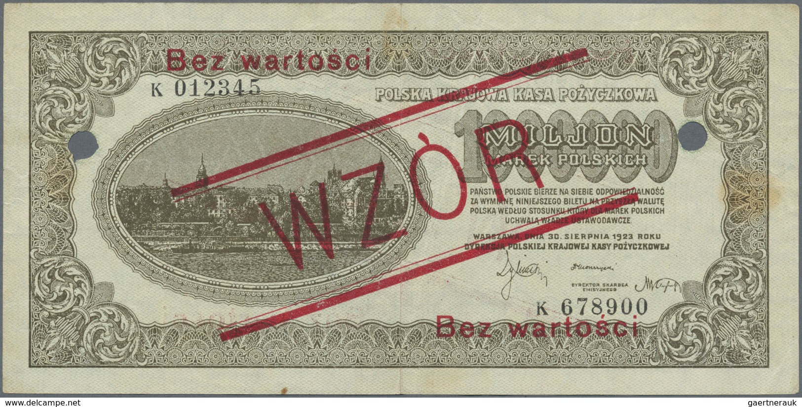 Poland / Polen: 1.000.000 Zlotych 1923 Specimen P. 37s, 2 Cancellation Holes Center Fold, Handling I - Poland