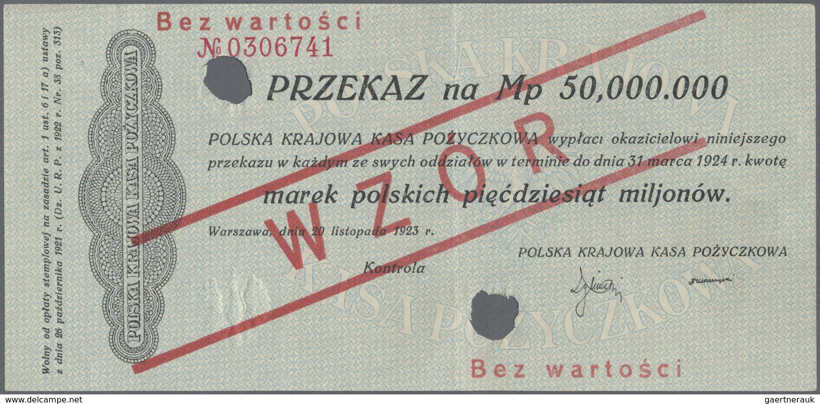 Poland / Polen: 50 Million Marek Polskich 1924 SPECIMEN, P.40s, Extraordinary Rare Note With Cancell - Poland