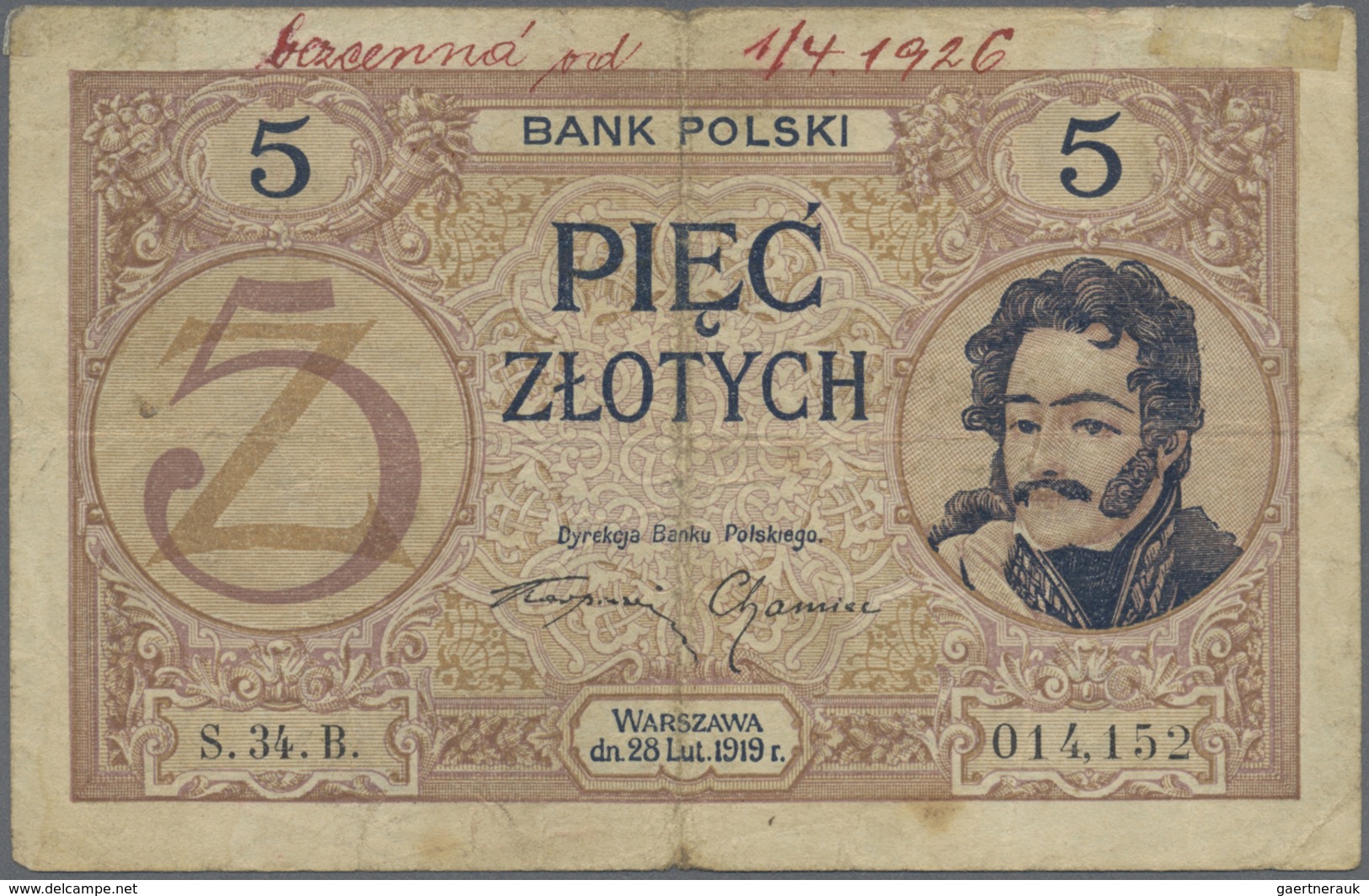Poland / Polen: 5 Zlotych 1919 (1924), P.53 With Some Handling Traces Like Folds, Yellowed Paper, So - Poland