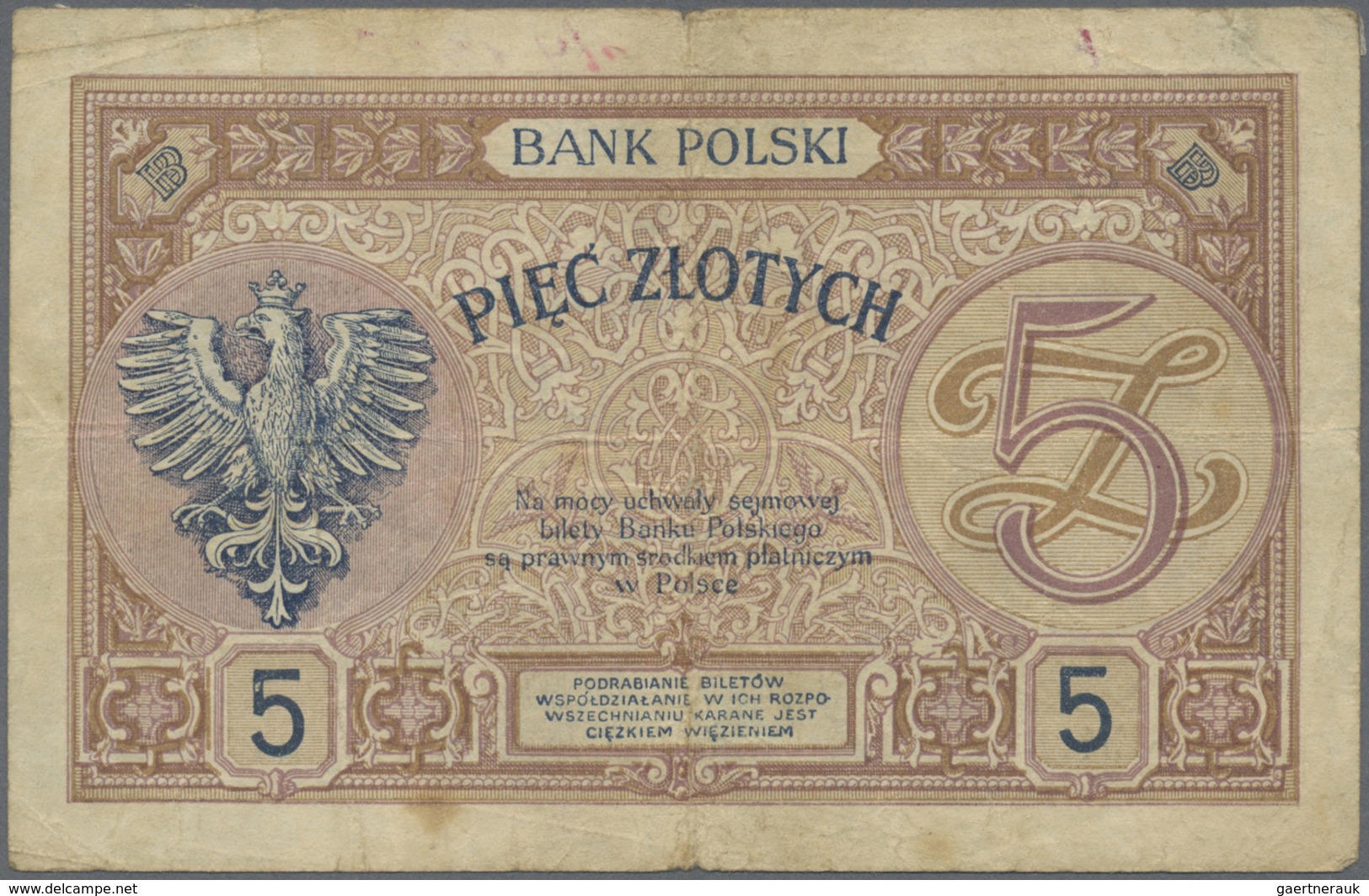 Poland / Polen: 5 Zlotych 1919 (1924), P.53 With Some Handling Traces Like Folds, Yellowed Paper, So - Poland