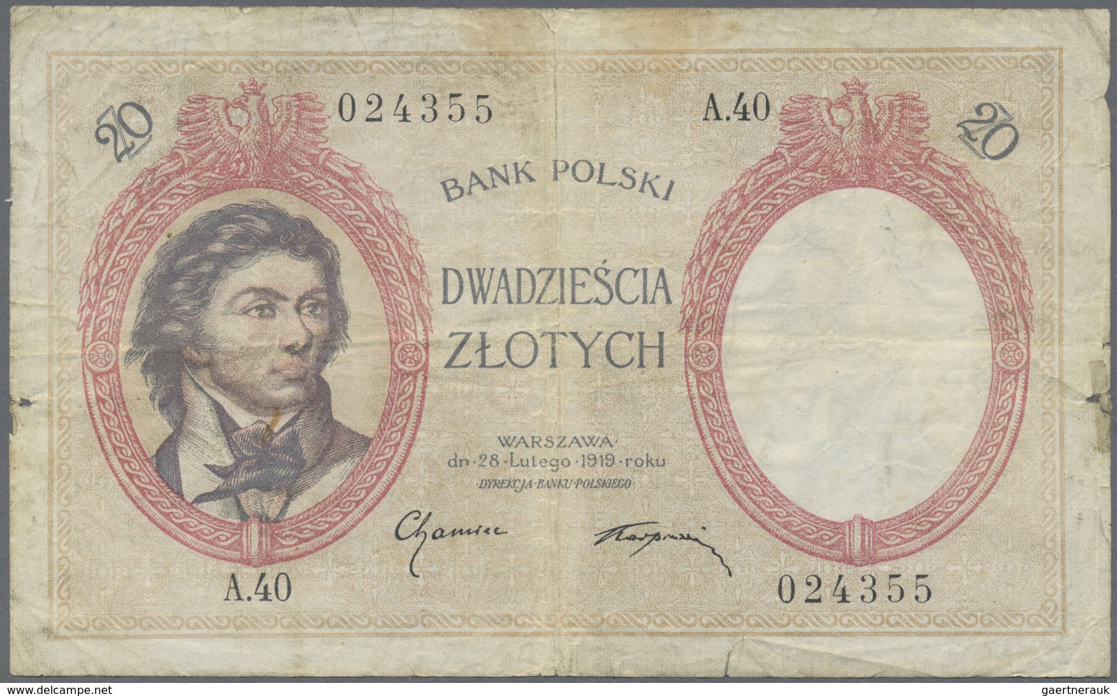 Poland / Polen: 20 Zlotych 1919 (1924), P.55, Highly Rare Note In Used Condition With Stained Paper, - Poland