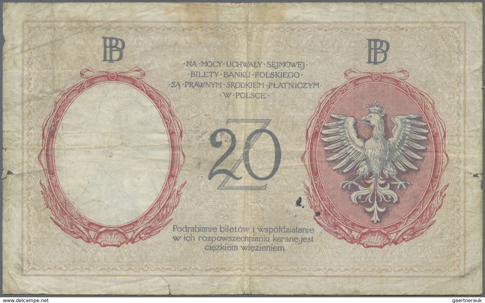 Poland / Polen: 20 Zlotych 1919 (1924), P.55, Highly Rare Note In Used Condition With Stained Paper, - Poland