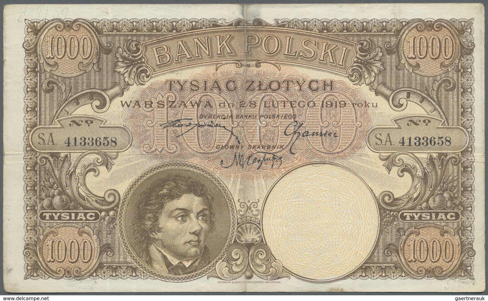 Poland / Polen: 1000 Zlotych 1919, P.59, Vertical And Horizontal Fold At Center, Lightly Stained Pap - Poland