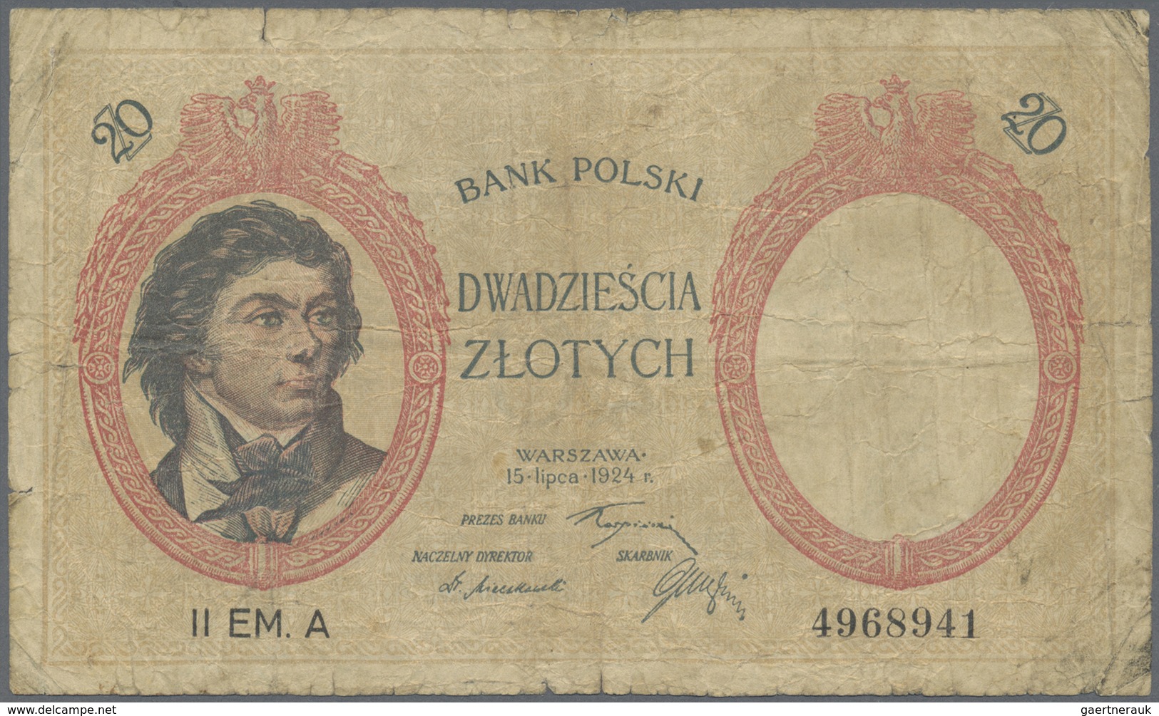 Poland / Polen: 20 Zlotych 1924, P.63a In Almost Well Worn Condition With Stained Paper And Some Bor - Poland