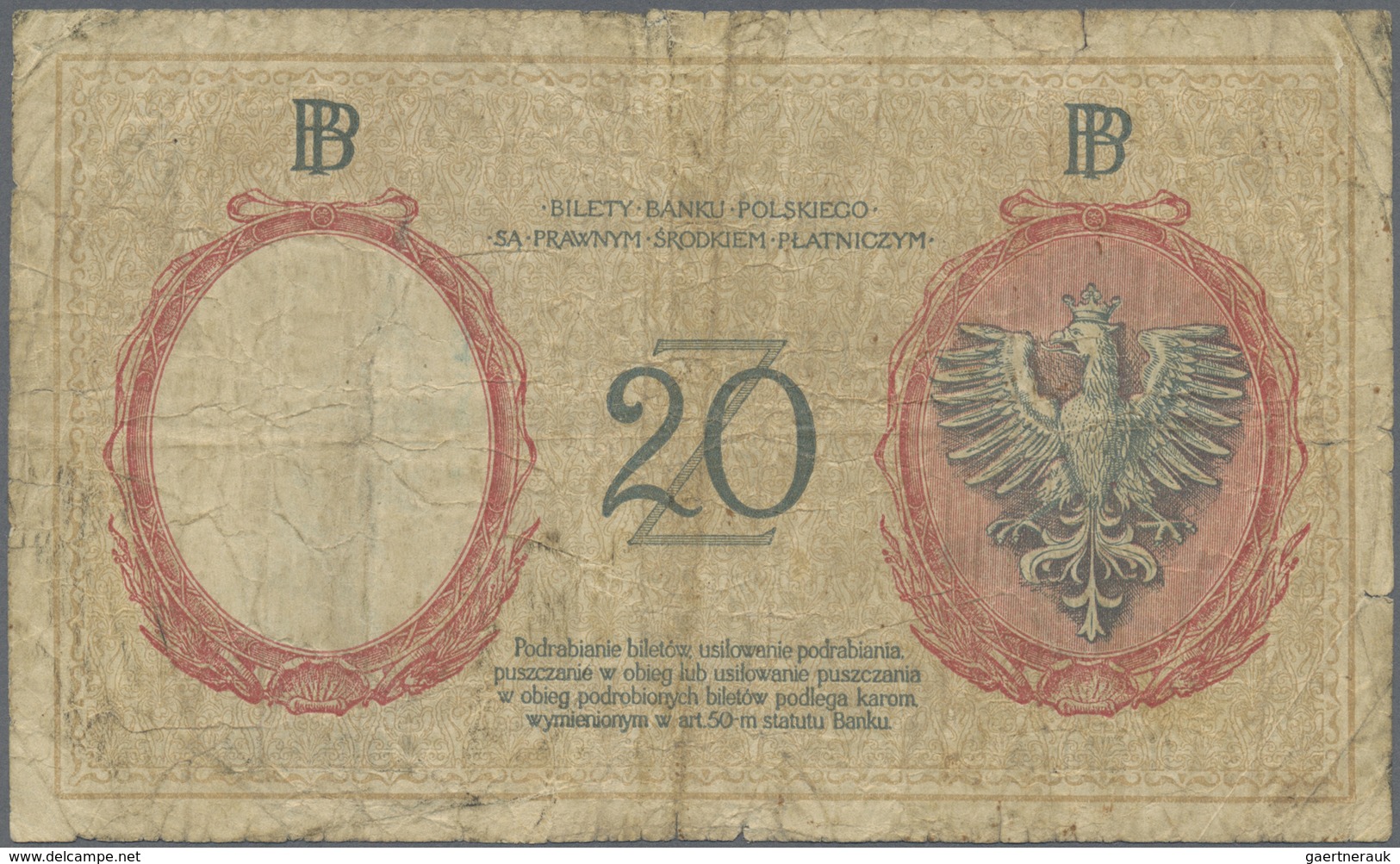 Poland / Polen: 20 Zlotych 1924, P.63a In Almost Well Worn Condition With Stained Paper And Some Bor - Poland