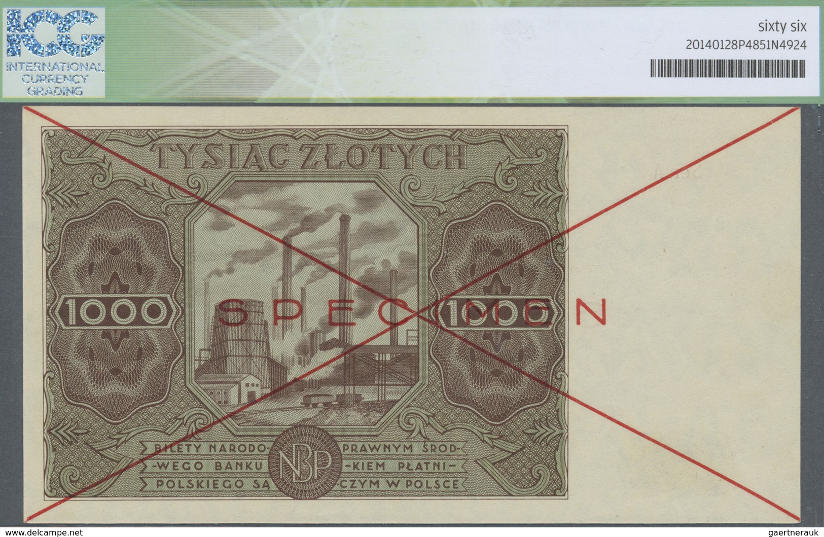 Poland / Polen: 1000 Zlotych 1947 SPECIMEN, P.133s In Perfect Condition, ICG Graded 66 Choice UNC - Poland