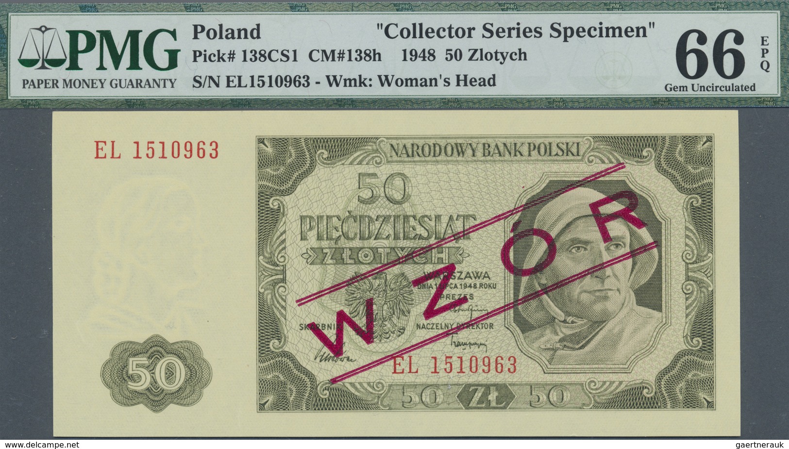 Poland / Polen: 50 Zlotych 1948 Specimen WZOR Overprint With Regular Serial Number P. 138CS1, PMG Gr - Poland