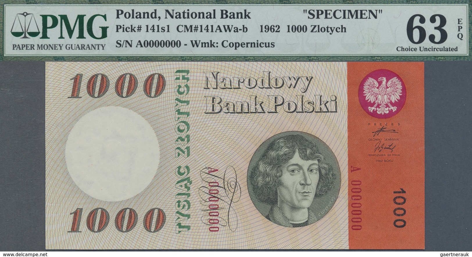 Poland / Polen: 1000 Zlotych 1962 Specimen P. 141s1, PMG Graded: 63 Choice UNC EPQ. - Poland