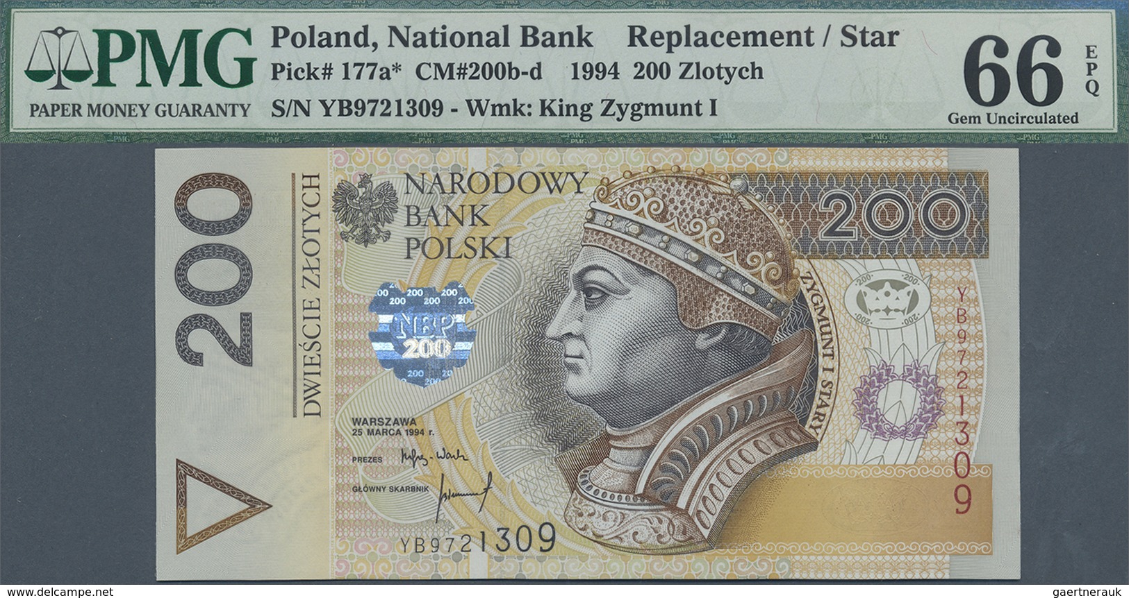 Poland / Polen: 200 Zlotych 1994 Replacement P. 177a*, Condition: PMG Graded 66 Gem UNC EPQ. - Poland