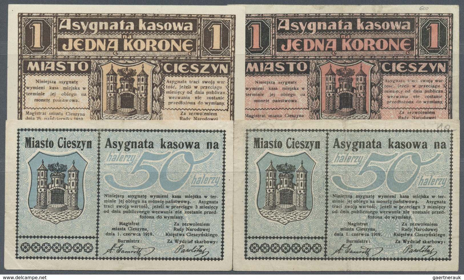 Poland / Polen: Set Of 4 Notes Regional Isses For Cieszyn Containing 2x 50 Halerzy (F+) And 2x 1 Kor - Poland