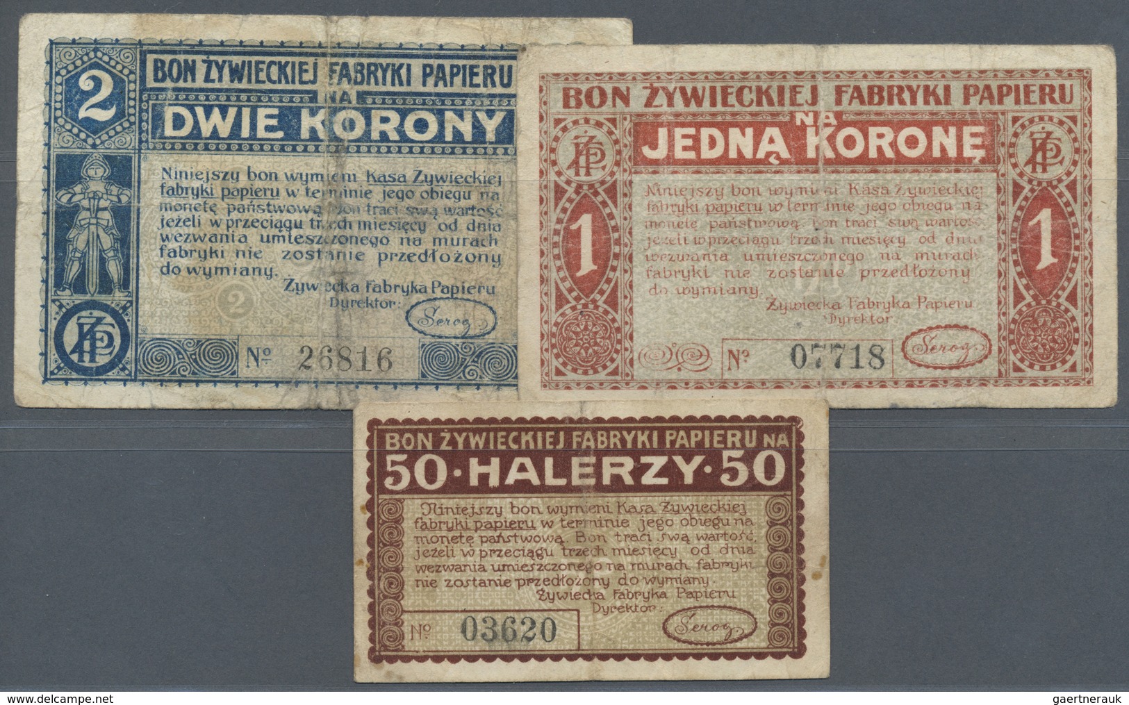 Poland / Polen: Set Of 3 Notes Local Issue For Zywiec Containing 50 Halerzy, 1 And 2 Korona 1919, Al - Poland