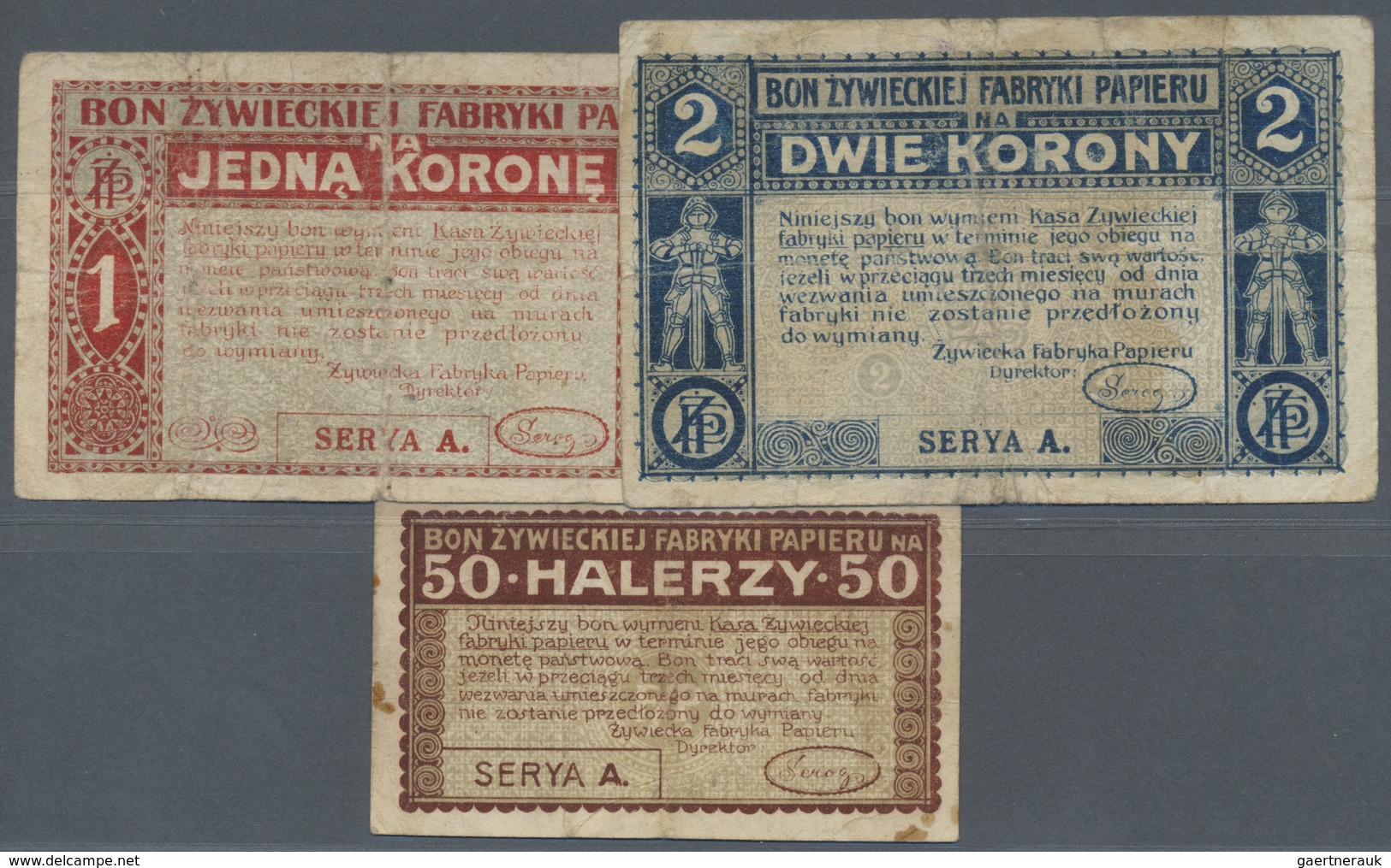 Poland / Polen: Set Of 3 Notes Local Issue For Zywiec Containing 50 Halerzy, 1 And 2 Korona 1919, Al - Poland