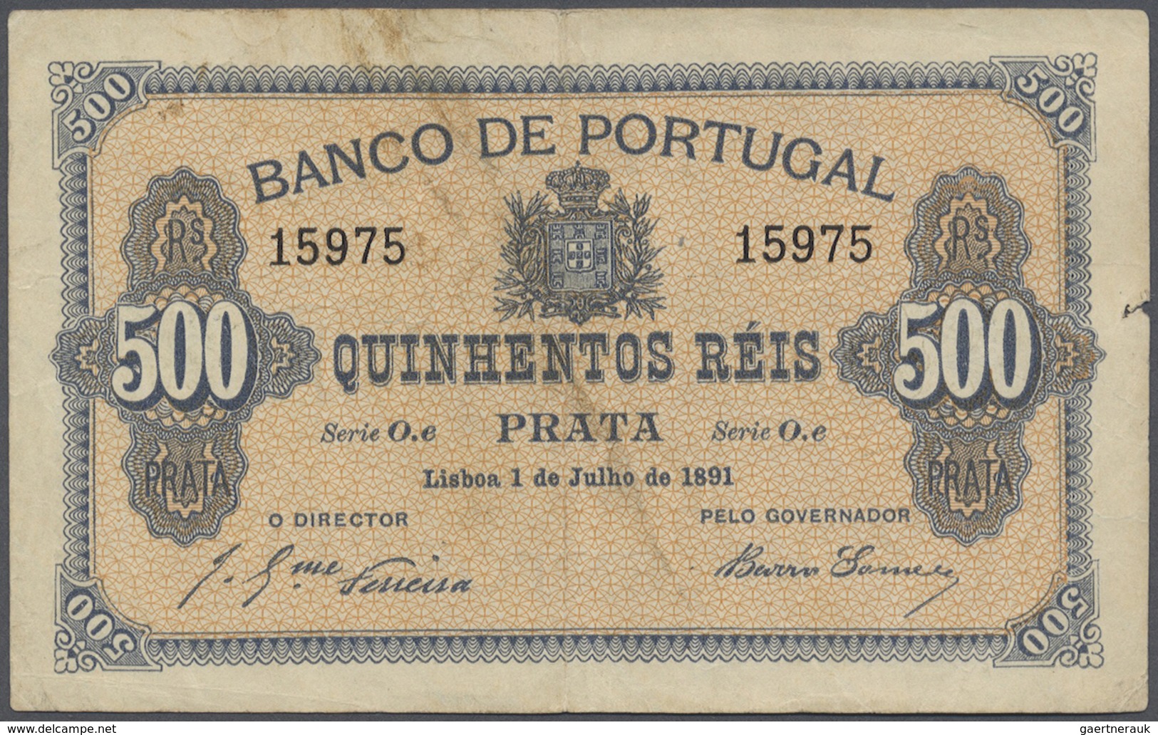 Portugal: 500 Reis 1891 P. 65, Center Fold, Staining At Upper Border On Front, A Tiny Damage At Righ - Portugal