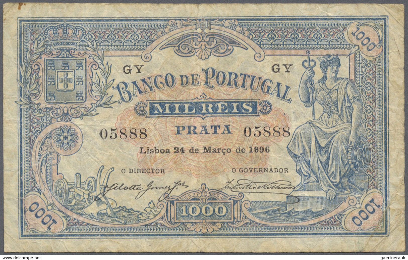 Portugal: 1000 Reis 1896 P. 73, Folds, Creases In Paper, No Holes Or Tears, Original Colors, Conditi - Portugal