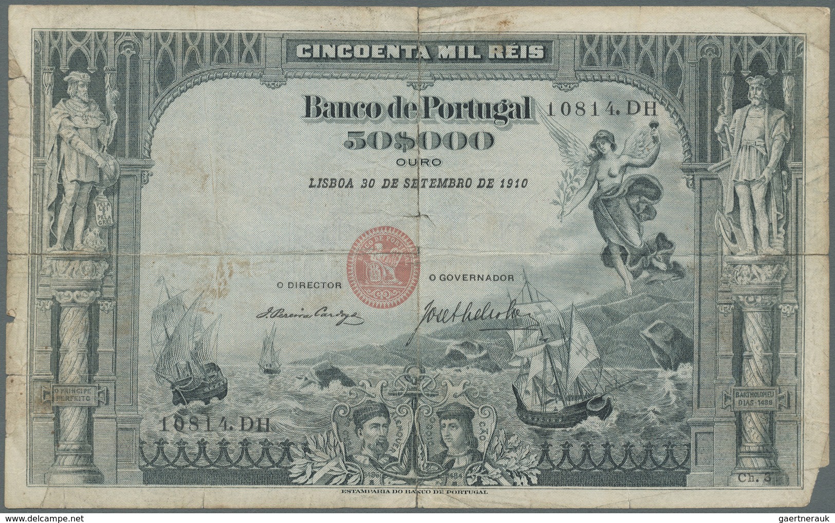 Portugal: 50.000 Reis 1910 P. 85, Rare Note, Center And Horizontal Fold, Some Border Tears, Missing - Portugal