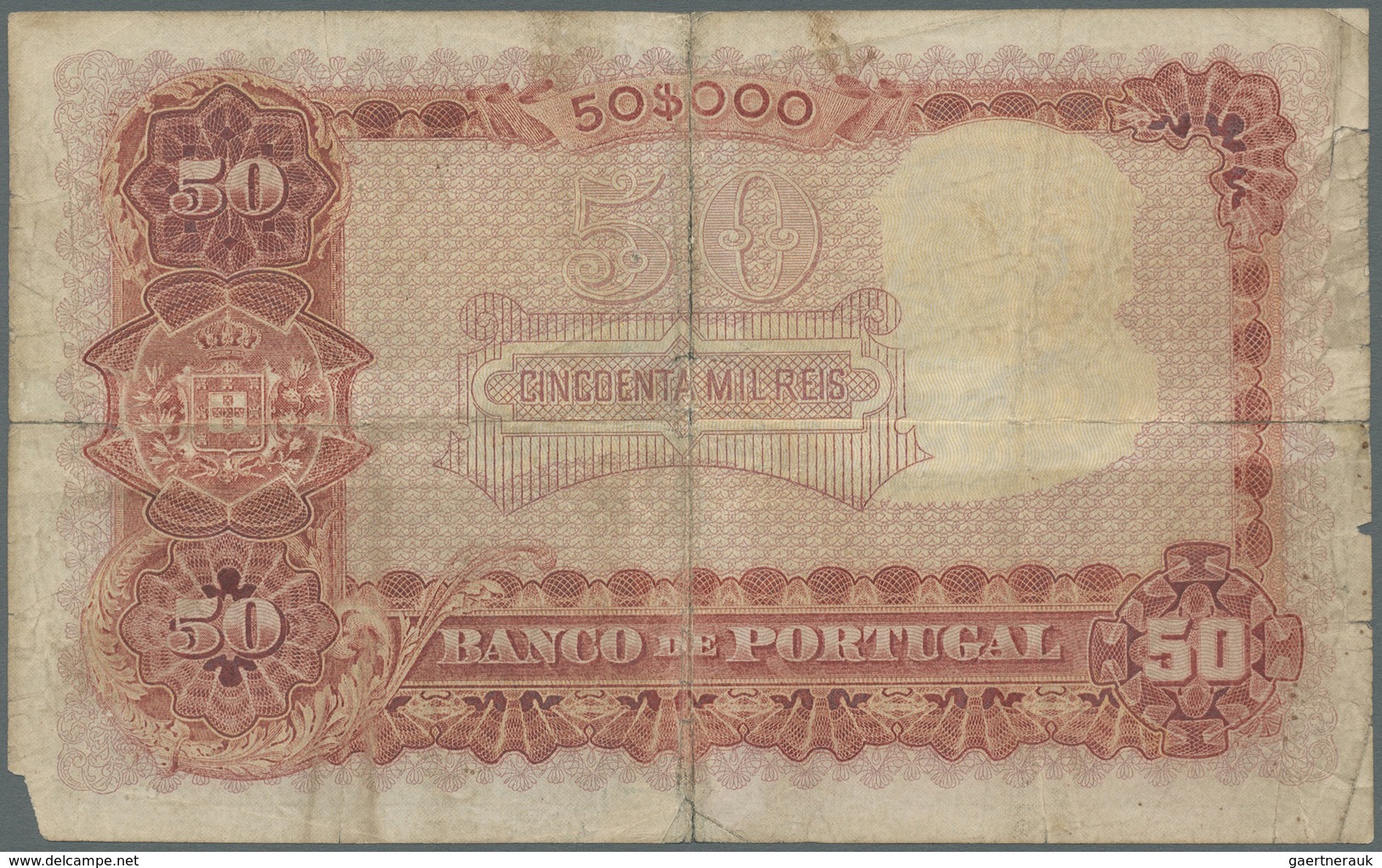 Portugal: 50.000 Reis 1910 P. 85, Rare Note, Center And Horizontal Fold, Some Border Tears, Missing - Portogallo