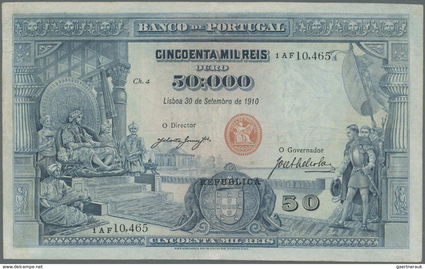 Portugal: 50.000 Reis 1910 (1917), P. 110, Center Fold, 2 Tiny Parts At The End Of The Center Fold ( - Portogallo