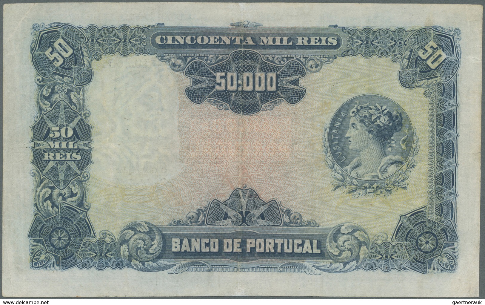 Portugal: 50.000 Reis 1910 (1917), P. 110, Center Fold, 2 Tiny Parts At The End Of The Center Fold ( - Portugal