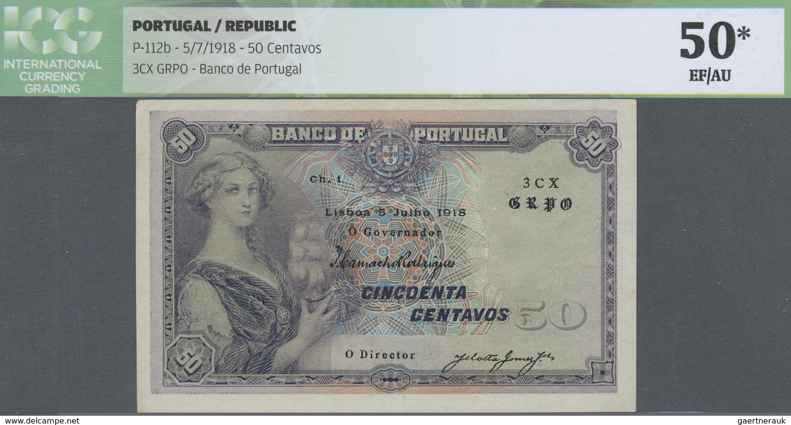 Portugal: 50 Escudos 1918 P. 112b, ICG Graded 50* EF/AU. - Portogallo