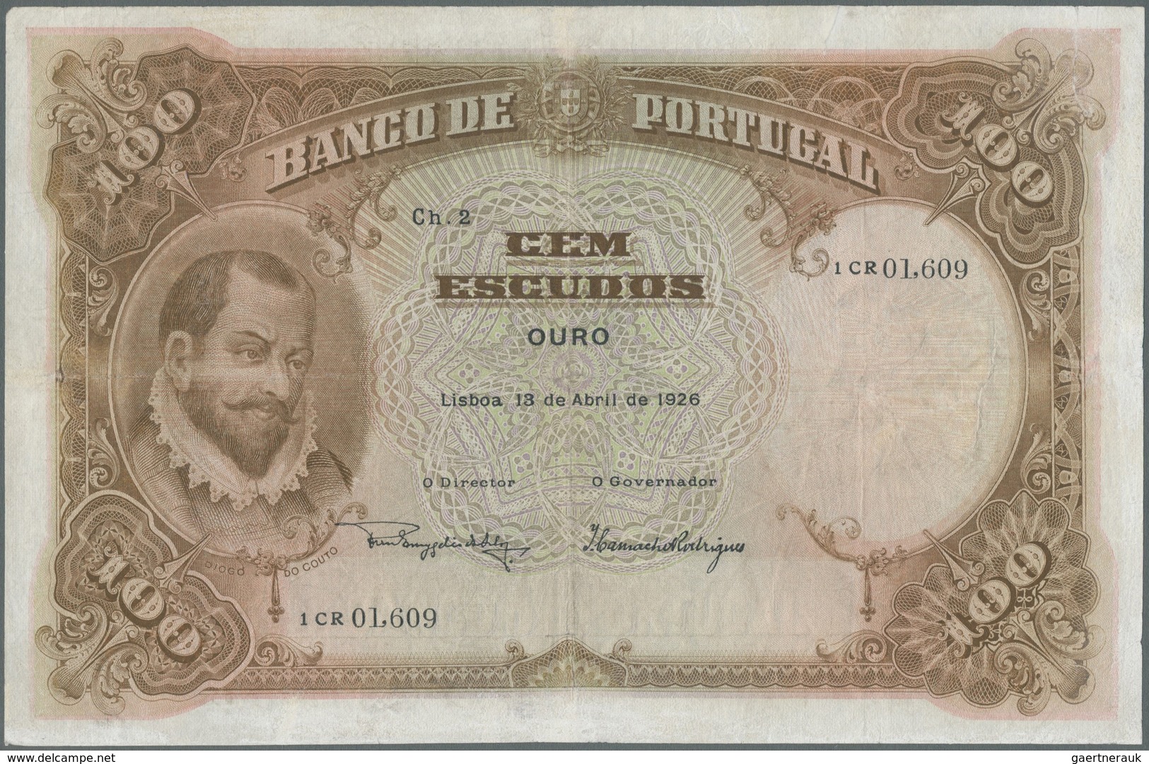 Portugal: 100 Escudos 1926 P. 124, Vertically And Horizontally Folded, Several Repairs Throughout Th - Portogallo