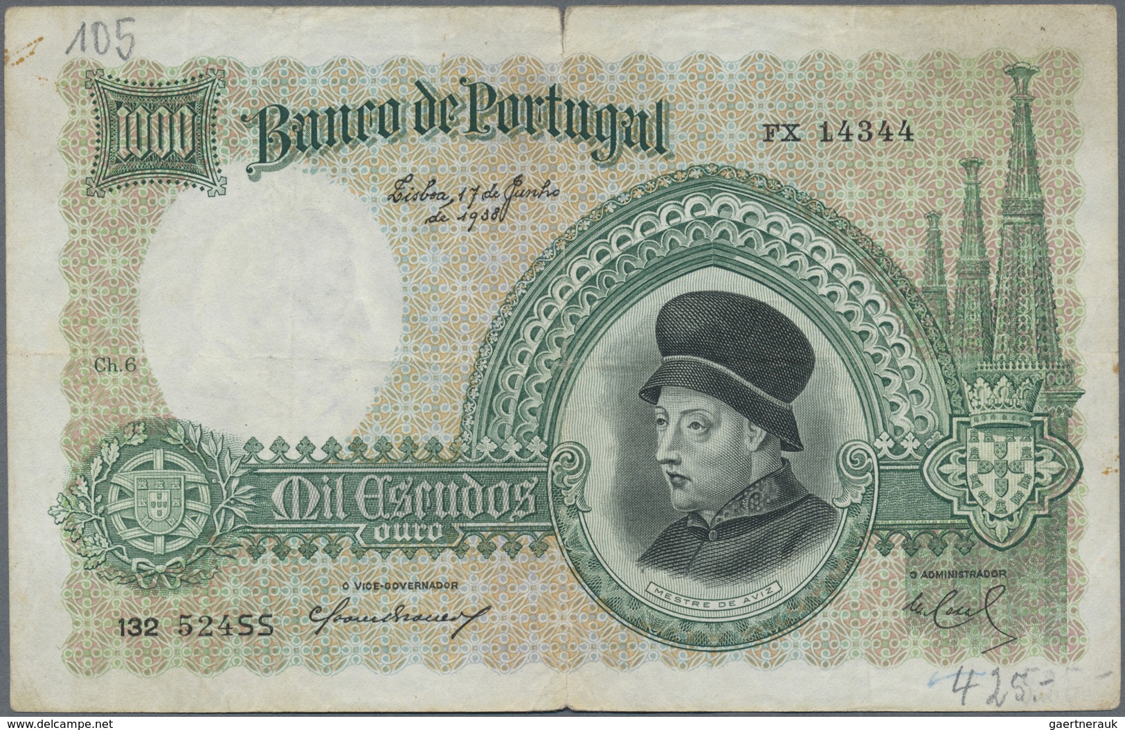 Portugal: 1000 Escudos 1938, P.152, Several Folds And Creases, Tiny Border Tears And Annotations On - Portugal