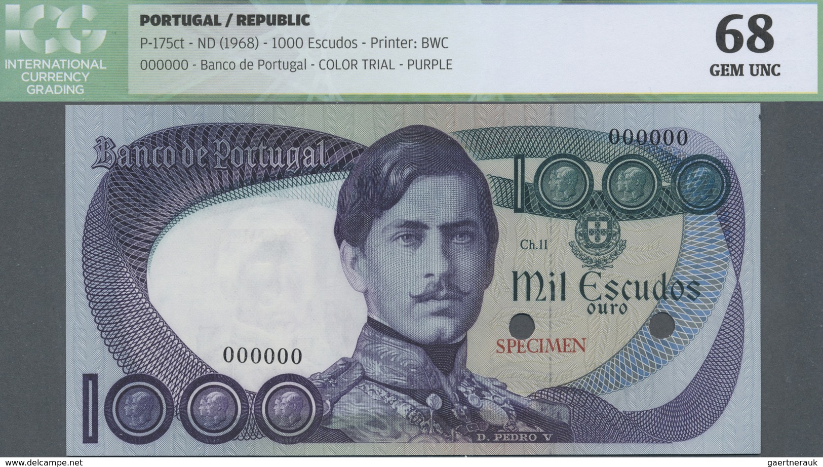 Portugal: 1000 Escudos ND(1968) Color Trial SPECIMEN, P.175cts In Perfect Uncirculated Condition, IC - Portugal