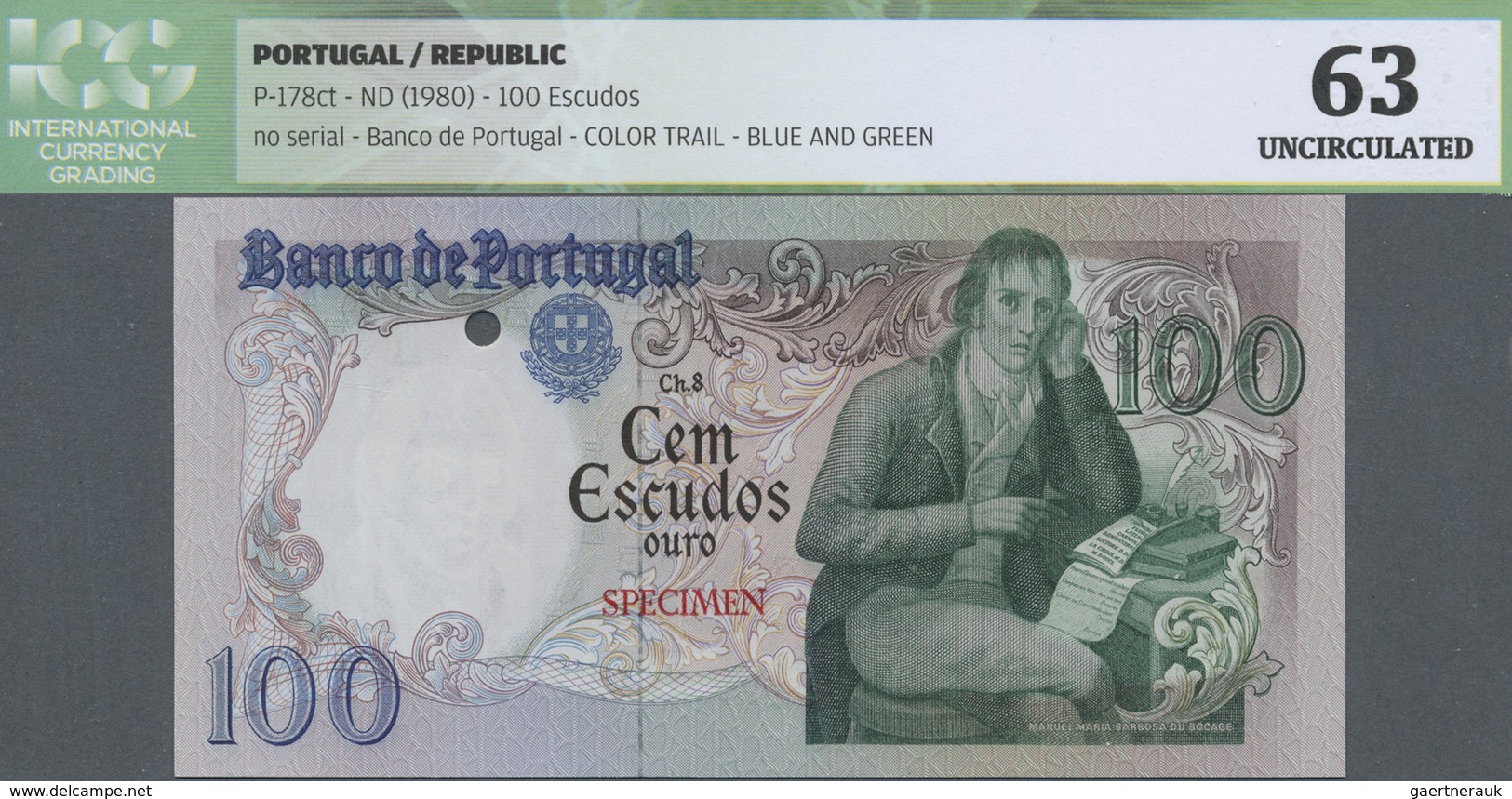 Portugal: 100 Escudos ND(1980) Color Trial SPECIMEN, P.178cts In Perfect Uncirculated Condition, ICG - Portugal