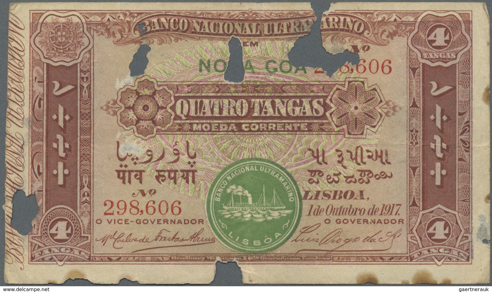 Portuguese India / Portugiesisch Indien: Rarer Note In Weaker Condition 4 Tangas 1918 P. 19, With La - India