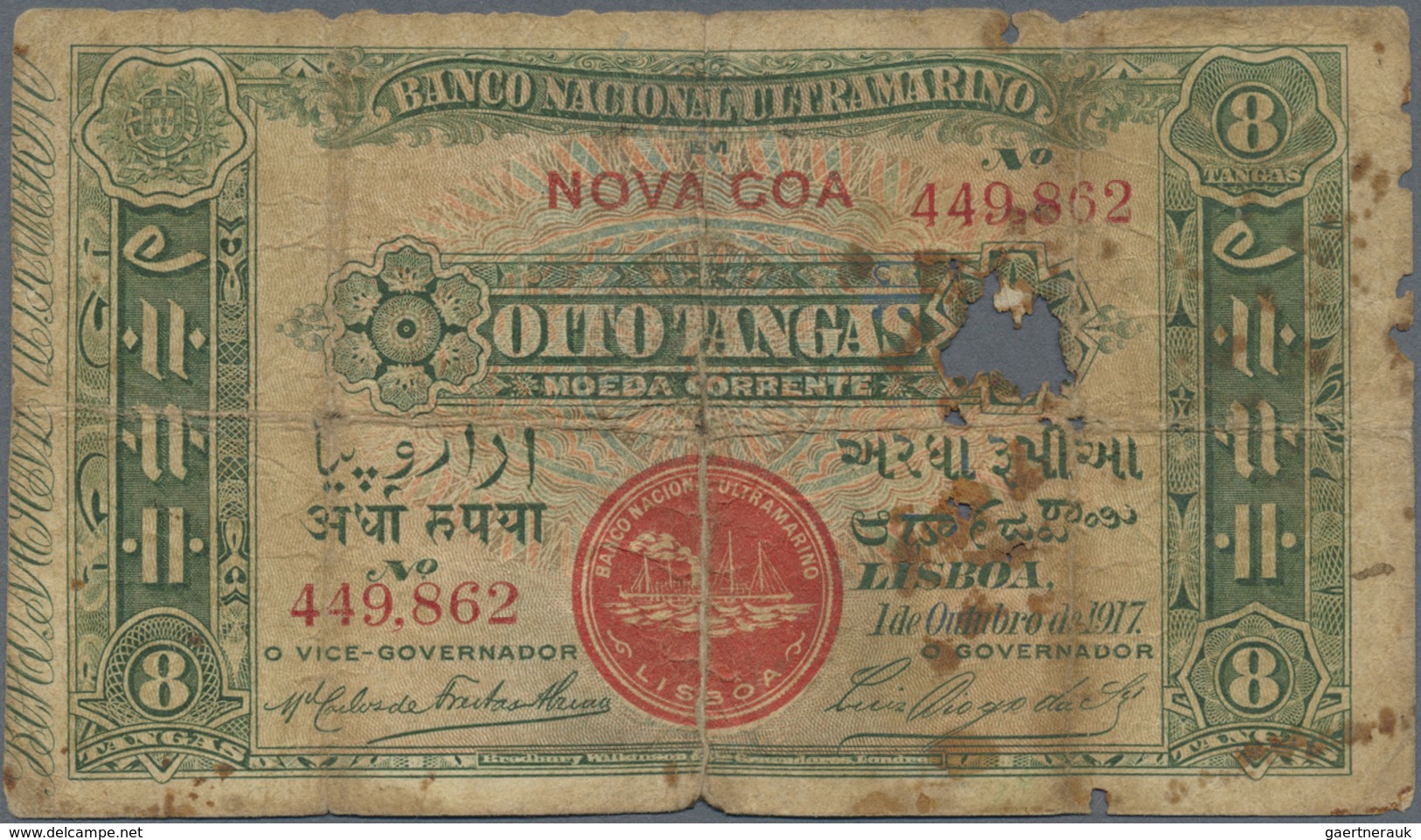 Portuguese India / Portugiesisch Indien: Rare Note 8 Tangas 1917 P. 20, With Large Holes At Right, S - India