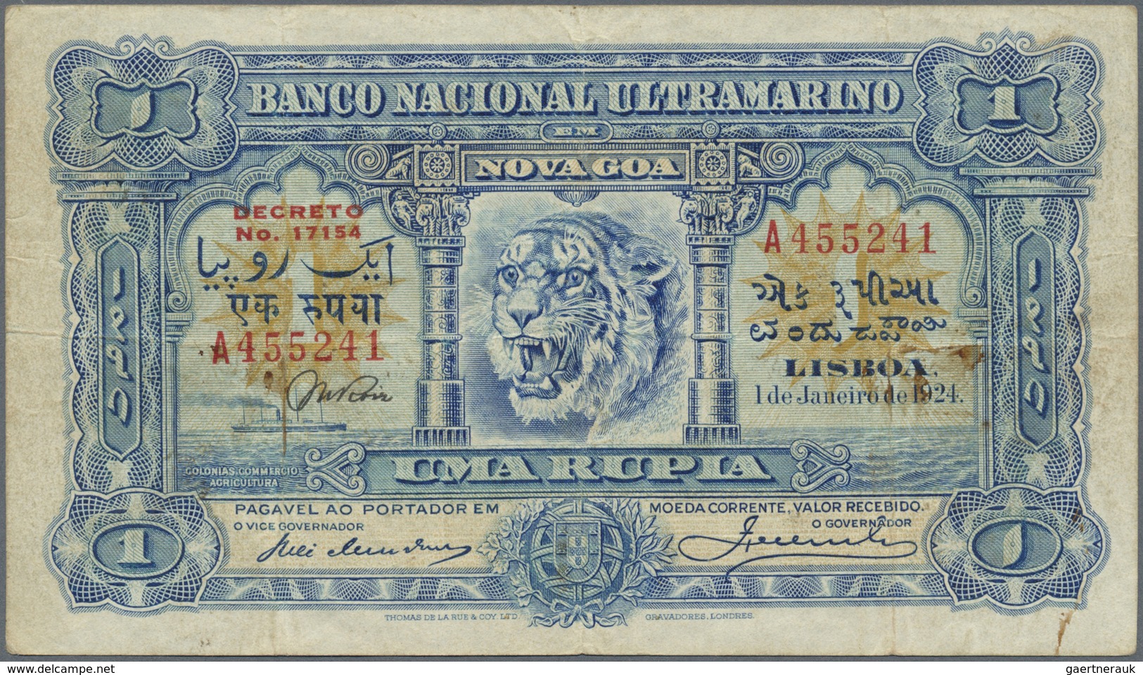 Portuguese India / Portugiesisch Indien: 1 Rupia 1924 P. 23A Famous "Tiger" Portrait Note, Used With - India
