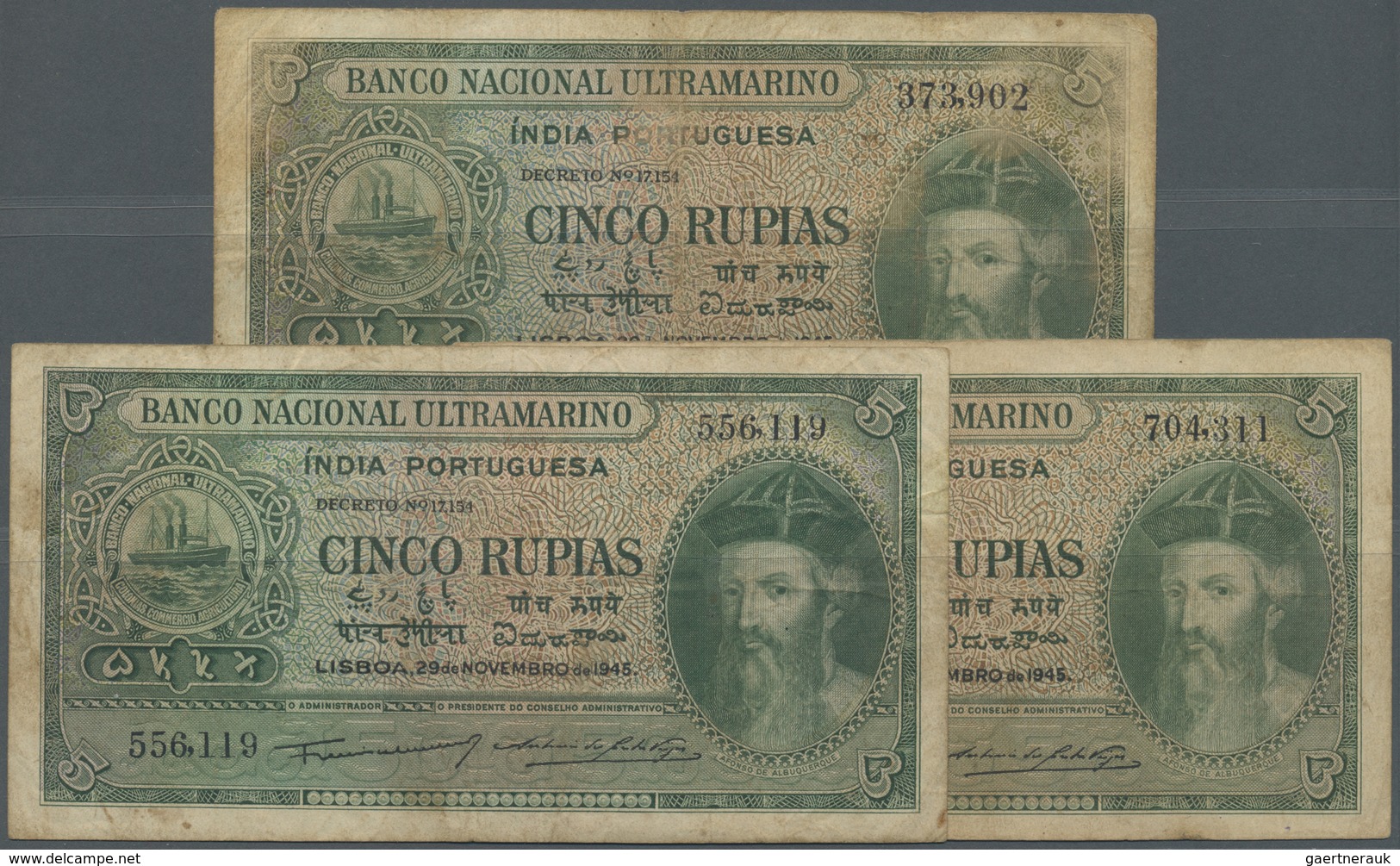 Portuguese India / Portugiesisch Indien: Set Of 3 Notes 5 Rupias 1945 All With Different Signatures - India