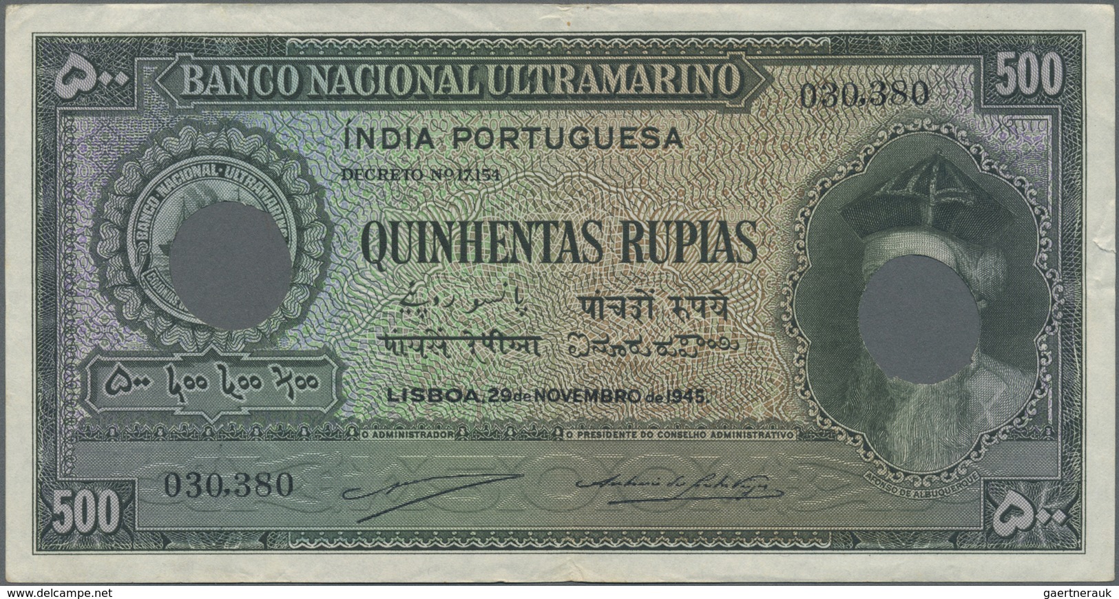 Portuguese India / Portugiesisch Indien: Rare Denomination Of This Series 500 Rupias 1945 P. 40, Hol - India