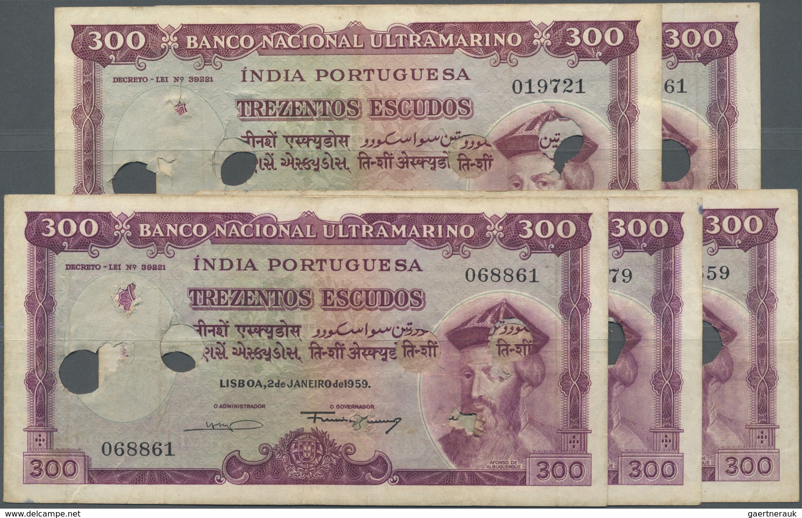 Portuguese India / Portugiesisch Indien: Set Of 5 Notes 300 Escudos 1959 Hole Cancelled P. 44, All W - India