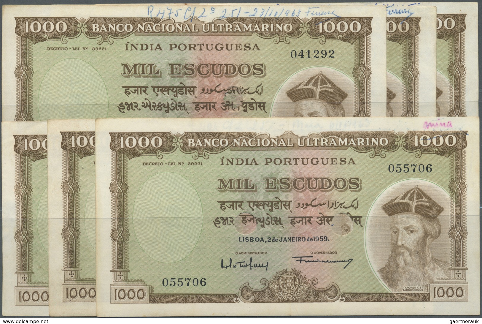 Portuguese India / Portugiesisch Indien: Set Of 6 Notes 1000 Escudos 1959 P. 46 Hole Cancelled, With - India