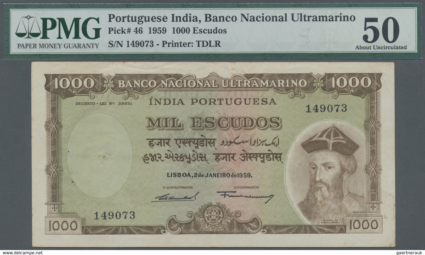 Portuguese India / Portugiesisch Indien: Banco Nacional Ultramariono 1000 Escudos 1959, P.46, Very R - India