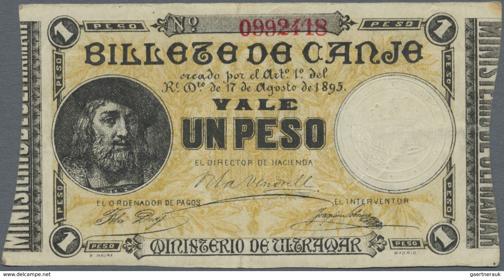 Puerto Rico: 1 Peso 1895 P. 7a, Light Center Fold And Handling In Paper, No Holes Or Tears, Still St - Puerto Rico