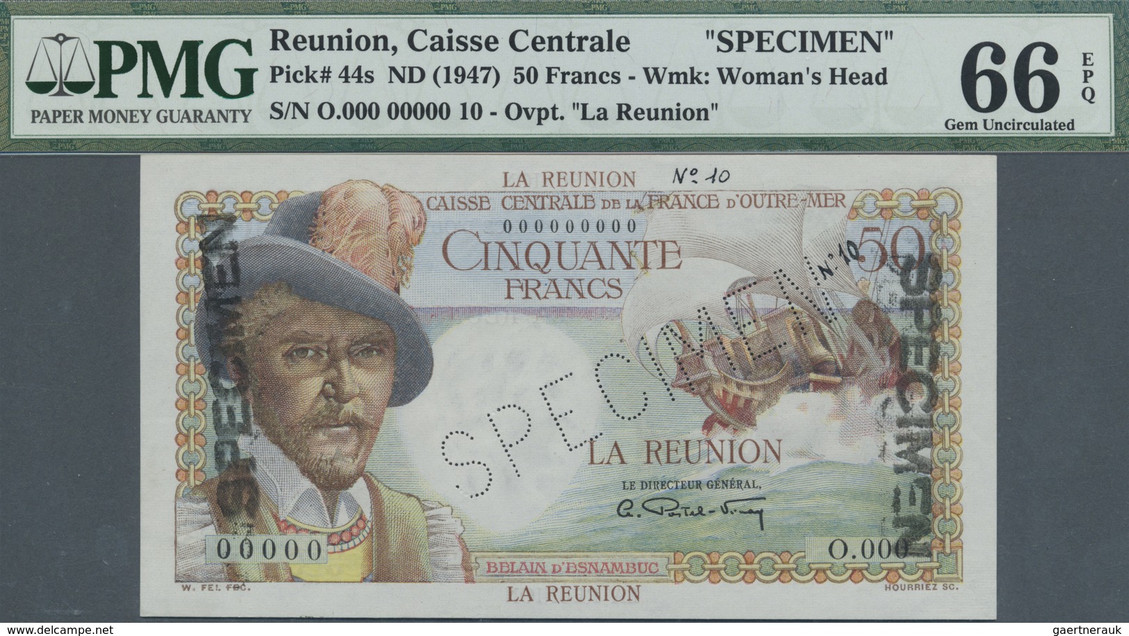 Réunion: 50 Francs ND(1947) Specimen P. 44s, PMG Graded 66 Gem UNC EPQ. - Réunion