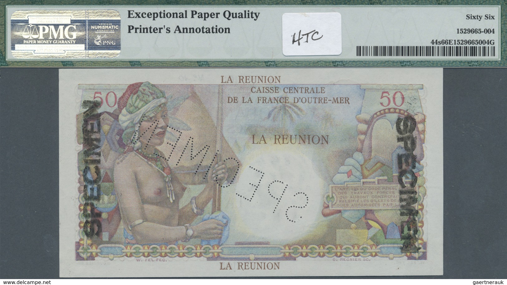 Réunion: 50 Francs ND(1947) Specimen P. 44s, PMG Graded 66 Gem UNC EPQ. - Reunion