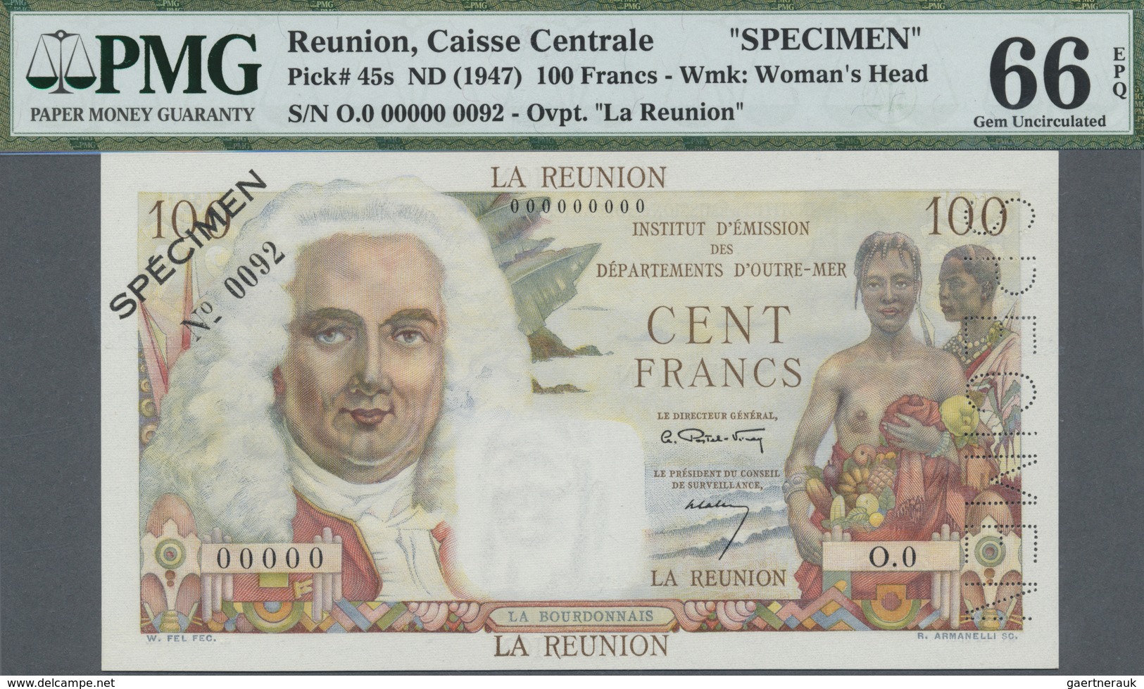 Réunion: 100 Francs ND(1947) Specimen P. 45s, PMG Graded 66 GEM UNC EPQ. - Reunion